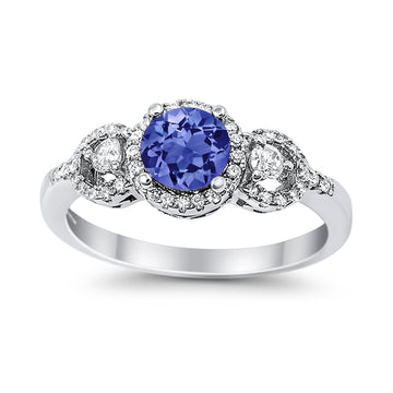 Halo Wedding Ring Round Simulated Tanzanite CZ 925 Sterling Silver